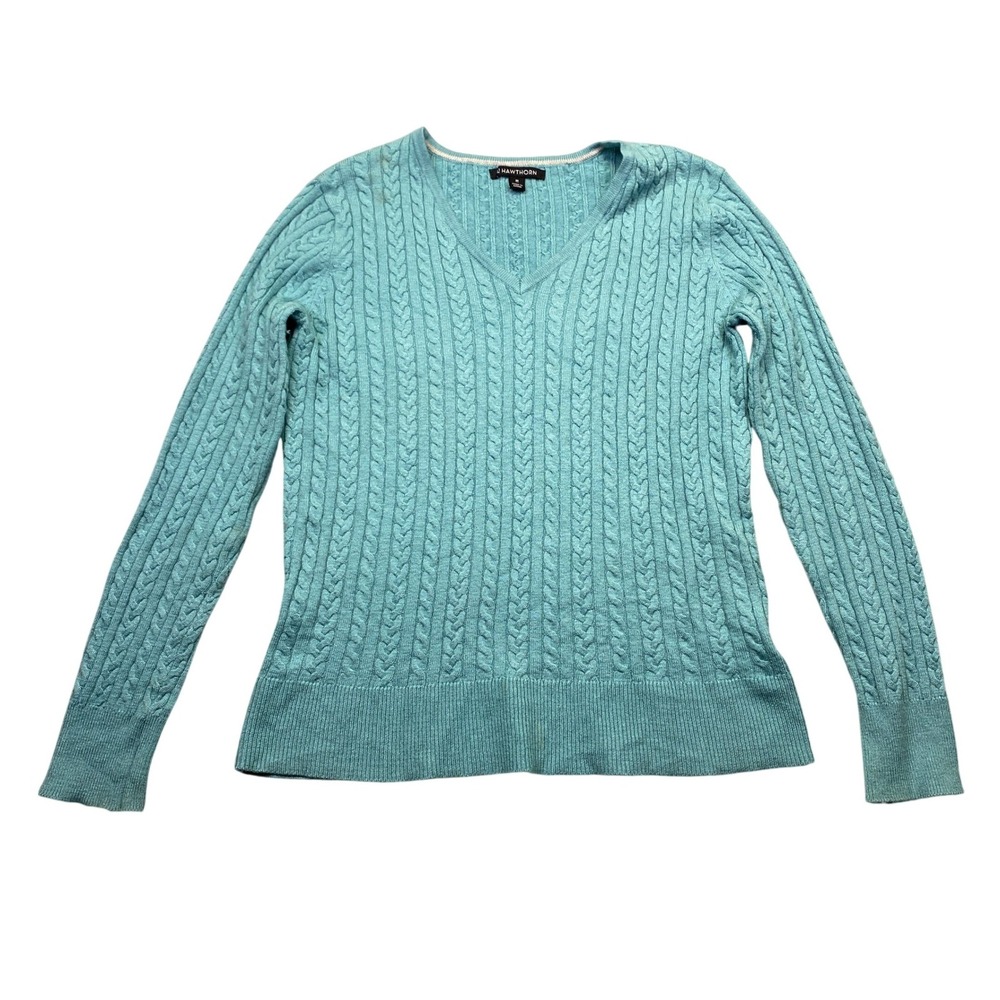 Hawthorn Womens‎ Turquoise Blue Cable Knit V-Neck Cashmere Silk Blend Sweater M